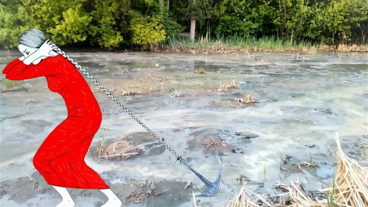 Иллюстрация: человек тащит якорь через отравленную воду