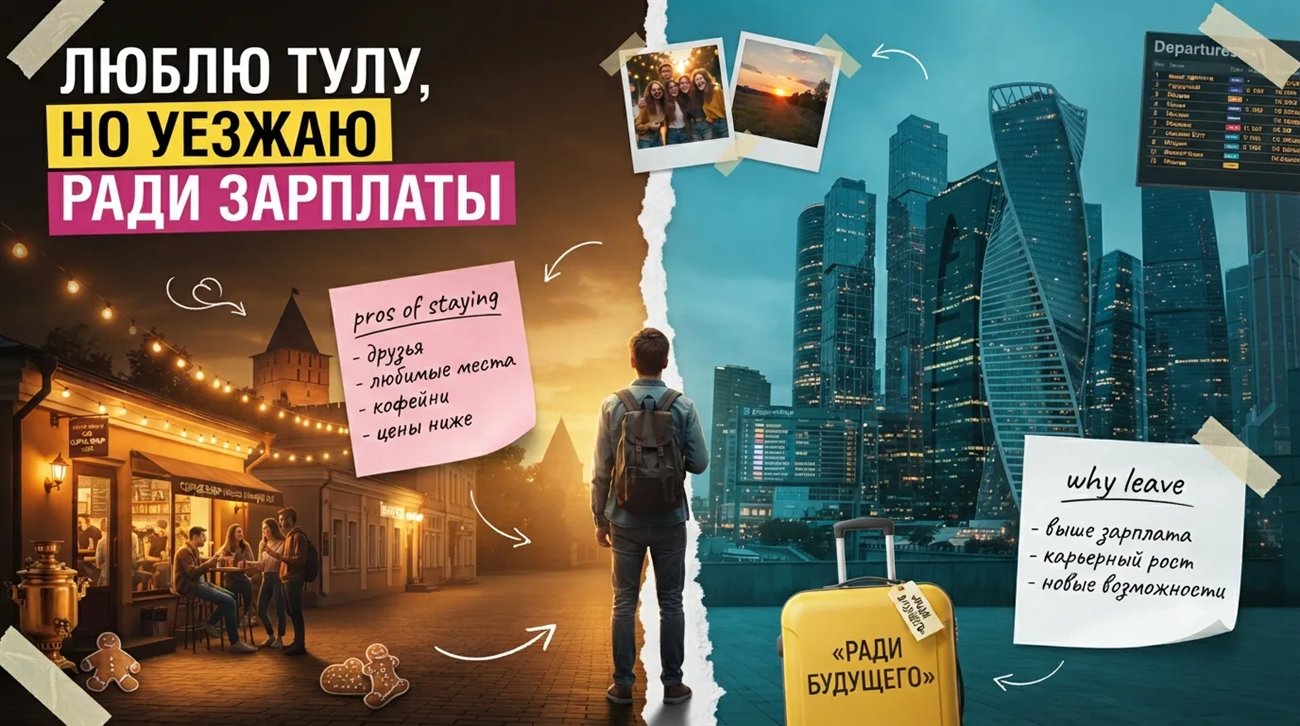 Люблю Тулу, но уезжаю ради зарплаты — коллаж: Тула и Москва