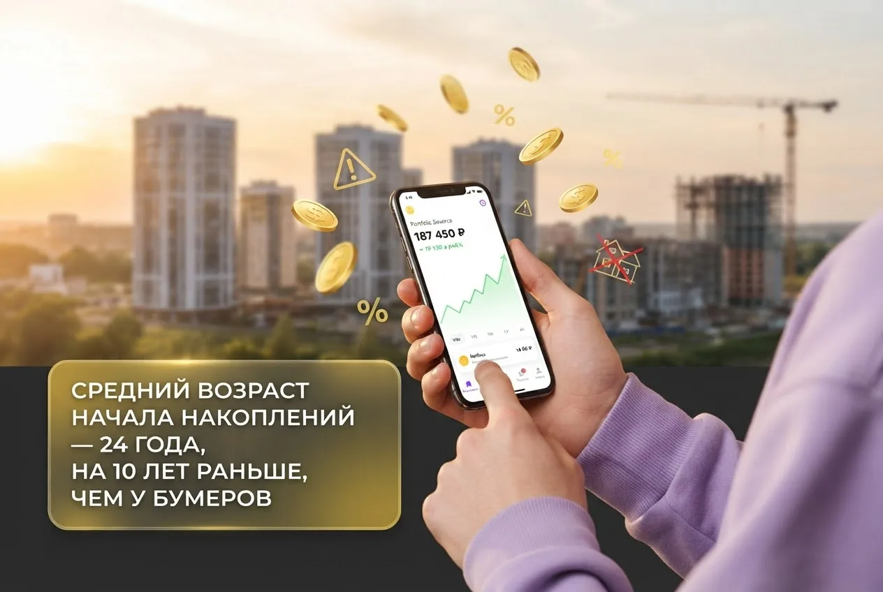 Молодой человек с телефоном: приложение для инвестиций и накоплений на фоне тульских новостроек