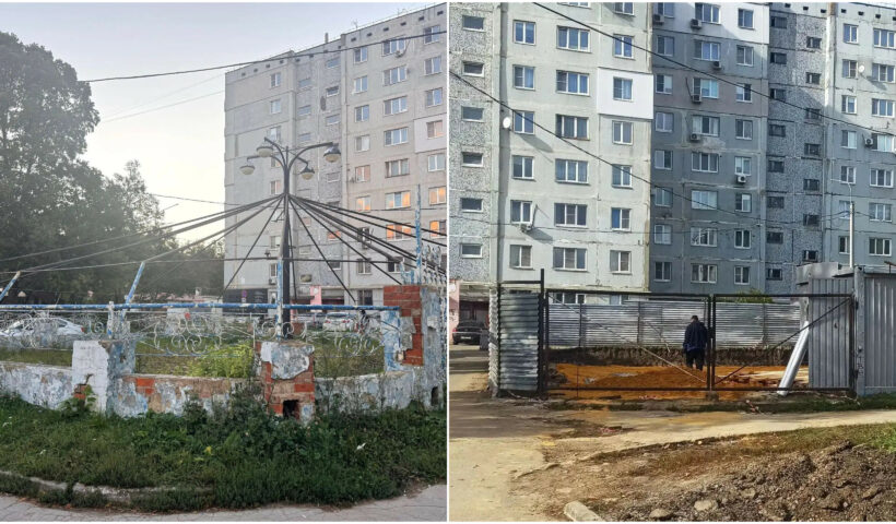 Было и стало: ржавый каркас бывшего кафе и огороженный под снос участок в Урванском микрорайоне Новомосковска