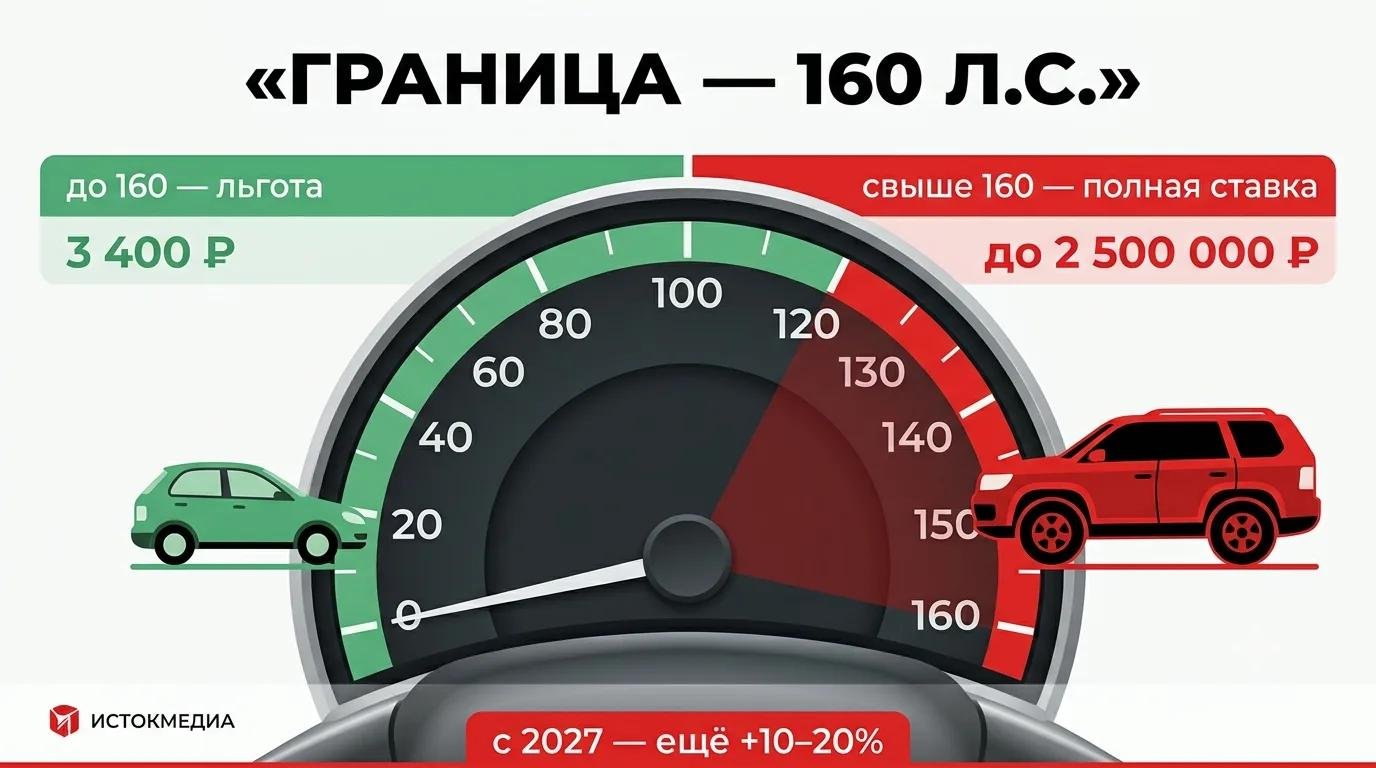 Инфографика: граница 160 лошадиных сил — льгота 3400 рублей против полной ставки до 2,5 миллиона