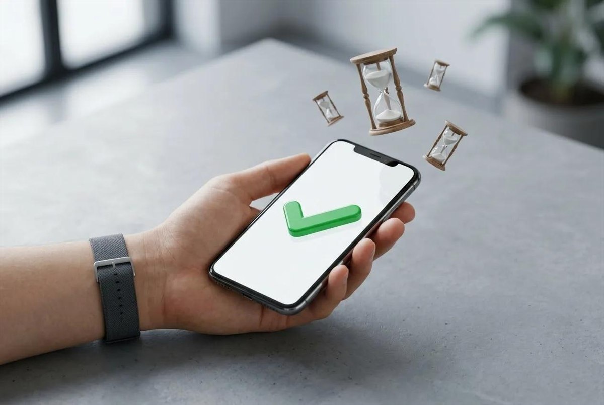 Смартфон с галочкой подтверждения оплаты и песочные часы